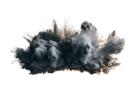 Dramatic dark grey and brown dust explosion isolated on powerful energy abstract cloud of smoke and particles 3d render high on transparent background
