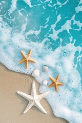 Starfish and Seashells on Sandy Beach with Ocean Wave Foam Top View