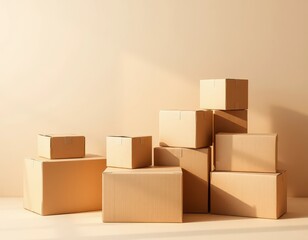 Sunlit Cardboard Boxes Stacked Against a Neutral Background, Ready for Shipping or Storage