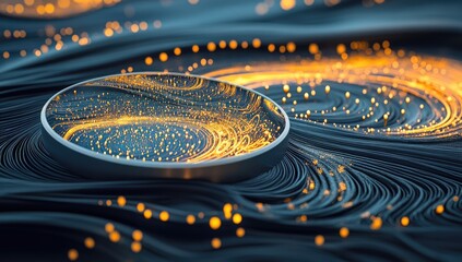 Abstract digital design with glowing particles in a dark, swirling space