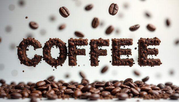 Coffee beans floating, typography design with scattered beans