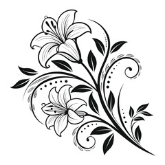 Decorative Lily Flower Vector Illustration in Black and White Style