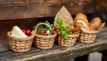 Rustic baskets containing bread, cheese, and radishes arranged on a wooden surface against a natural background, evoking feelings of freshness, simplicity, and tradition.

