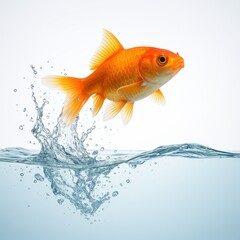 Orange goldfish leaping from water with splash and reflection. AI-generated.