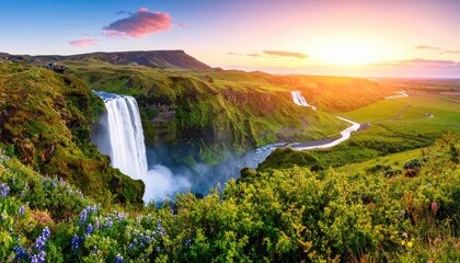 Majestic Icelandic Waterfall at Sunset