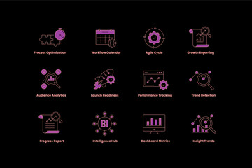 Business Intelligence and Analytics Icon Set. Agile Cycle, Performance Tracking, Dashboard Metrics, Insight Trends, Data Visualization