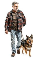 Mature man walking the dog on transparent background.
