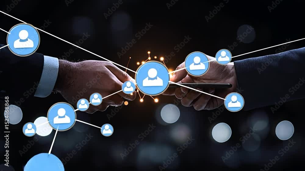 Poster two hands exchanging a glowing digital device
