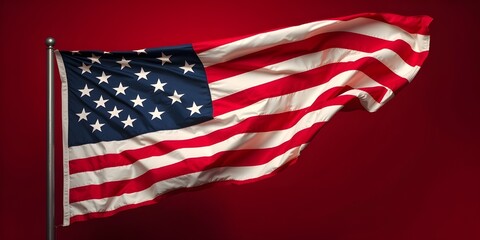 Fototapeta premium An American flag fluttering in the wind on a red background. July 4th, American Independence Day. 