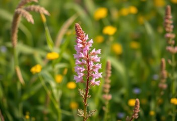 A delicate pink flowering plant stands tall amidst a vibrant meadow of yellow and green wildflowers, bathed in soft sunlight.