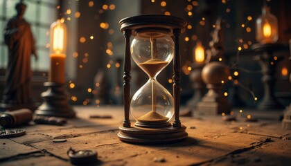Antique hourglass surrounded glowing sparks on wooden table