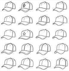 Unique vector collection of classic flat caps and newsboy hats, ideal for diverse design projects. This stylish illustration set features hand-drawn line art headwear, perfect for fashion, lifestyle.