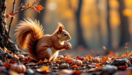a captivating squirrel collecting nuts in an autumnal forest, using a golden and red color palette, gentle shapes, textured scenery, calm feel, high resolution