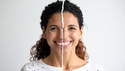 smiling woman with a torn photo effect vertically dividing her face, highlighting contrast or transformation, possibly symbolizing change, identity, or emotion.