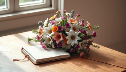 Obraz premium A vibrant bouquet of assorted flowers rests on a light wood surface next to a blank notebook, bathed in soft sunlight streaming through a nearby window.