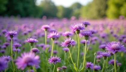 Obraz premium Purple wildflowers in lush green meadow at sunrise