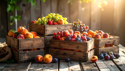 Wooden crates filled with fresh fruits including grapes, peaches, plums, and berries, displayed outdoors on a rustic wooden table under warm sunlight.