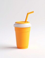 A stylized orange drink cup with a white lid and two straws—one blue and one bent orange—set against a clean white background in a minimal, cartoon-like design