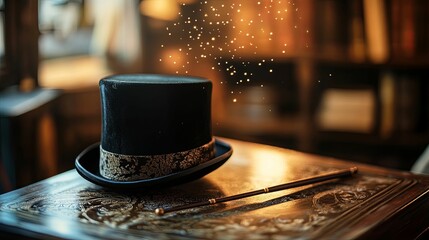 Mysterious top hat rests on antique table amidst magical sparks.