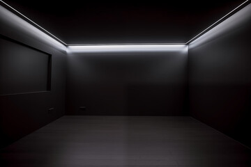An empty modern room with dark walls and minimalist design featuring subtle lighting effects.