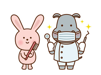 歯ブラシを持つうさぎと歯医者のカバのかわいいイラスト