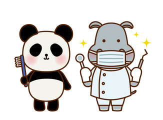 歯ブラシを持つパンダと歯医者のカバのかわいいイラスト