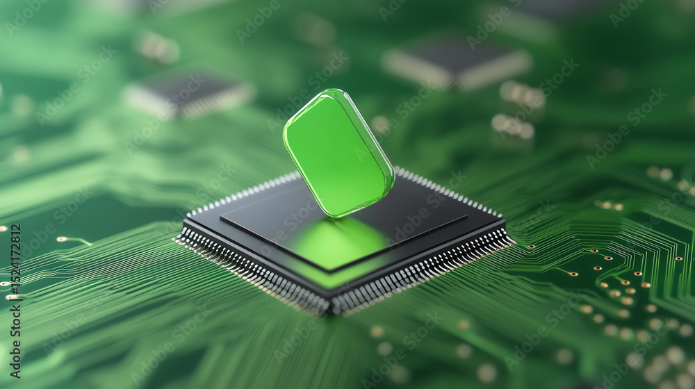 Poster A close-up view of a green microchip placement on a circuit board, symbolizing innovation in technology and electronics.