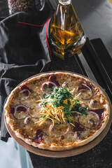 Pizza with Golden Fried Onion Rings on Top - Pizza with Golden Fried Onion Rings on Top