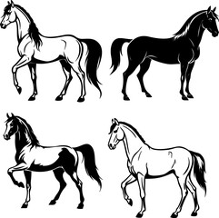 Dynamic equine icon set, standing  and walking style horses