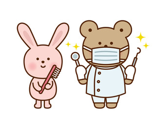 歯ブラシを持つうさぎと歯医者のくまのかわいいイラスト