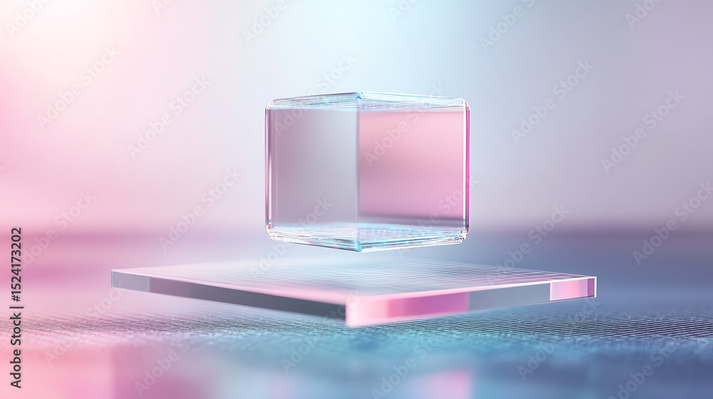 Poster A floating transparent cube with a soft gradient backdrop, creating a modern and minimalistic aesthetic for design projects.