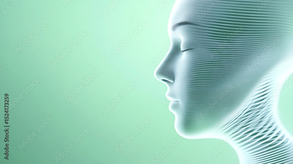 Poster a futuristic digital representation of a human face, symbolizing artificial intelligence and technol