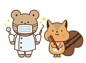 歯ブラシを持つリスと歯医者のくまのかわいいイラスト