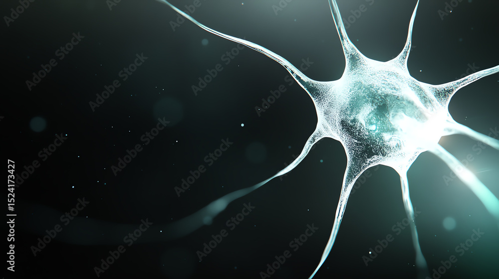 Poster A high-resolution image of a neuron cell highlighting its intricate structure and connections against a dark background.
