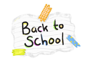 Cute hand drawn back to school text word in piece of white gray paper with stickers colorful tape sticky notes doodle crayon kids watercolor illustratin design vector clipart