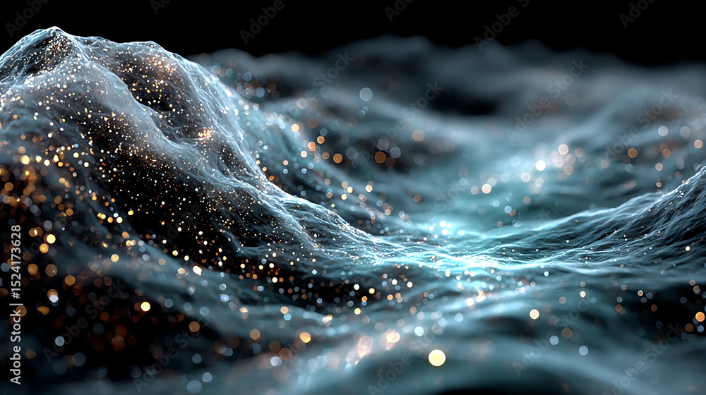 Poster a mesmerizing depiction of ethereal waves shimmering with light particles, representing fluid beauty