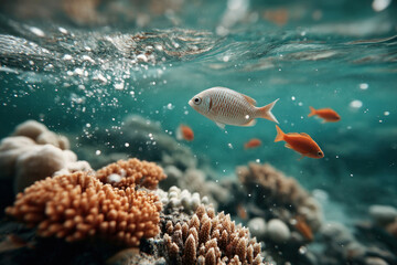 Fototapeta premium Vibrant underwater coral reef scene showcasing colorful fish diversity in ocean environment