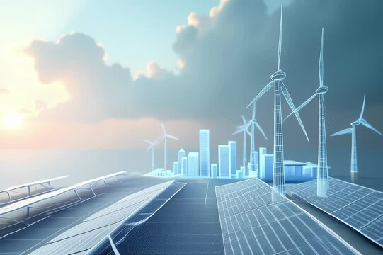 cityscape wind turbines solar panels foreground illuminated setting sun background sky