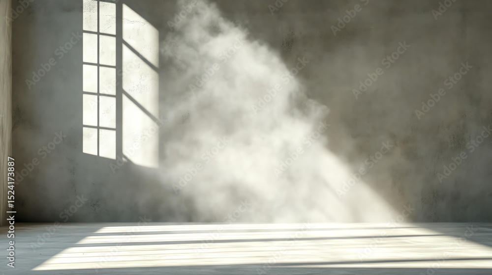 Aufkleber A minimalistic interior space with soft light streaming through a window, creating a serene atmosphere filled with dust particles.