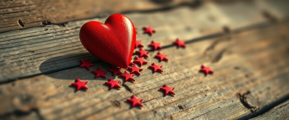A crimson heart rests gently upon weathered wood, surrounded by a scattering of small, red stars, a symbolic representation of affection and admiration.