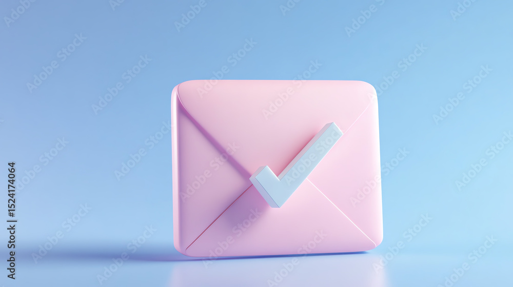 Poster A pink envelope with a checkmark, symbolizing message confirmation and communication success, perfect for business concepts.