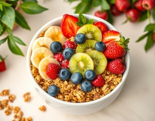 A delightful bowl of granola topped with fresh strawberries, blueberries, kiwi slices, and banana slices, a healthy and vibrant breakfast