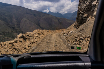 Narrow road in Urubamba river valley between Santa Maria and Santa Teresa towns, Peru
