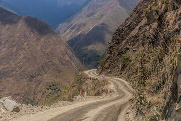 Narrow road in Urubamba river valley between Santa Maria and Santa Teresa towns, Peru