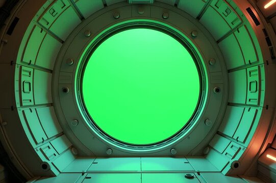 round window spaceship green screen illuminated light right side window surrounded various