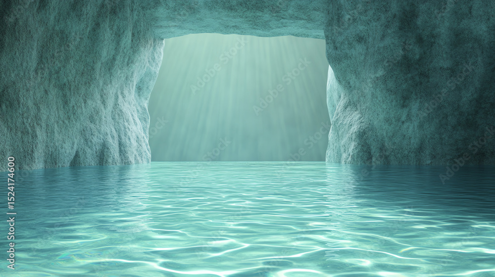 Aufkleber a serene underwater cave with turquoise water and soft light filtering through, creating a tranquil 