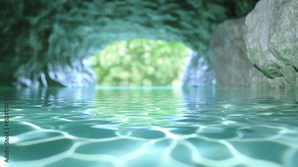 Aufkleber a serene view of clear water reflecting light inside a cave, surrounded by lush vegetation, creating