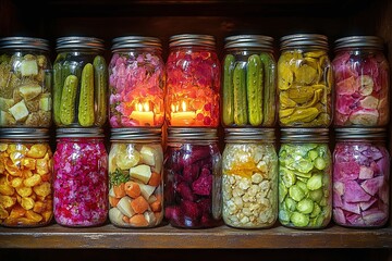 Assorted Jars Of Preserved Vegetables And Fruits Under Candlelight On Wooden Shelf