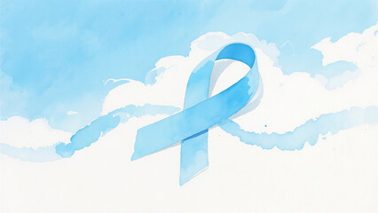 Obraz premium Watercolor style, blue sky clouds and blue ribbons, prostate cancer awareness promotion, gentle care concept, suitable for public welfare posters and health science popularization scenes.