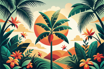 Tropical botanical art showing a palm tree encircled by vivid tomato flowers, white background. seamless pattern with leaves